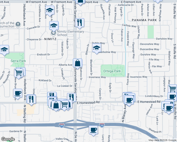 map of restaurants, bars, coffee shops, grocery stores, and more near 1569 Blackhawk Drive in Sunnyvale