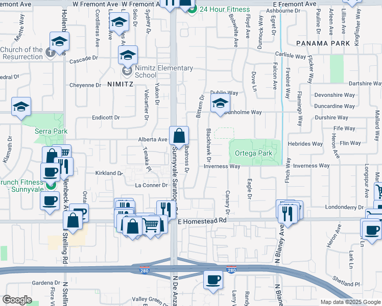 map of restaurants, bars, coffee shops, grocery stores, and more near 1570 Albatross Drive in Sunnyvale