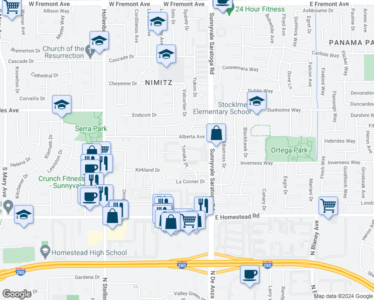 map of restaurants, bars, coffee shops, grocery stores, and more near 513 Granger Terrace in Sunnyvale