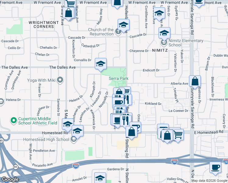 map of restaurants, bars, coffee shops, grocery stores, and more near 1509 New Brunswick Avenue in Sunnyvale