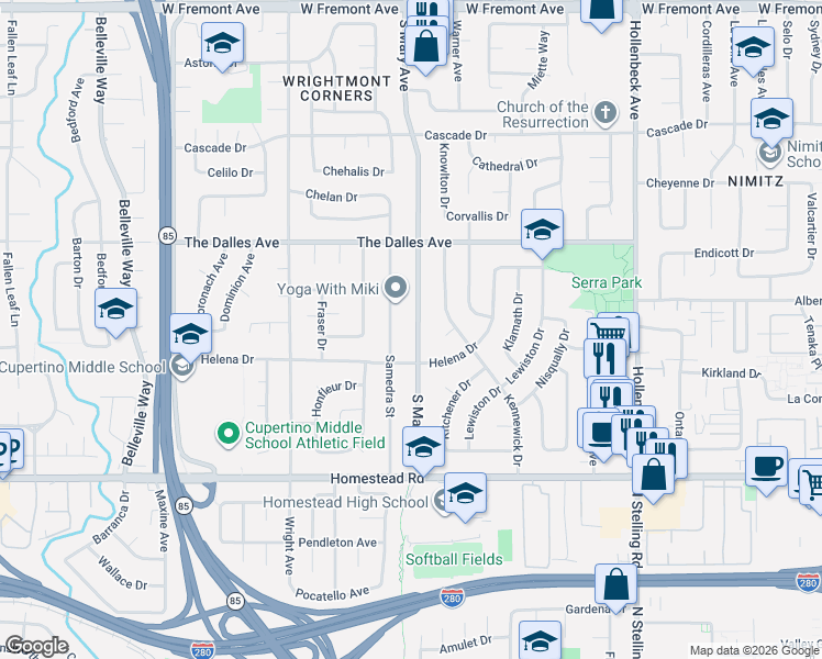 map of restaurants, bars, coffee shops, grocery stores, and more near 1561 South Mary Avenue in Sunnyvale