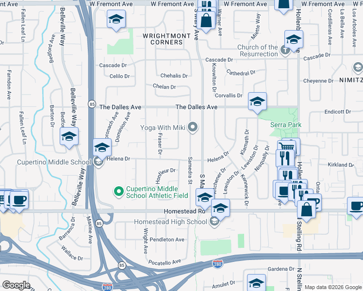map of restaurants, bars, coffee shops, grocery stores, and more near 1562 Jasper Drive in Sunnyvale