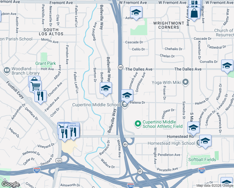 map of restaurants, bars, coffee shops, grocery stores, and more near 1570 Belleville Way in Sunnyvale
