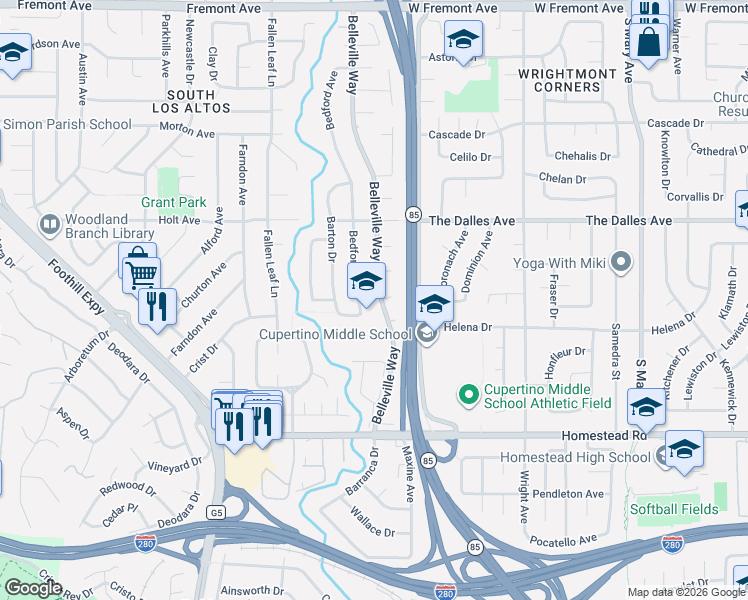 map of restaurants, bars, coffee shops, grocery stores, and more near 1570 Belleville Way in Sunnyvale
