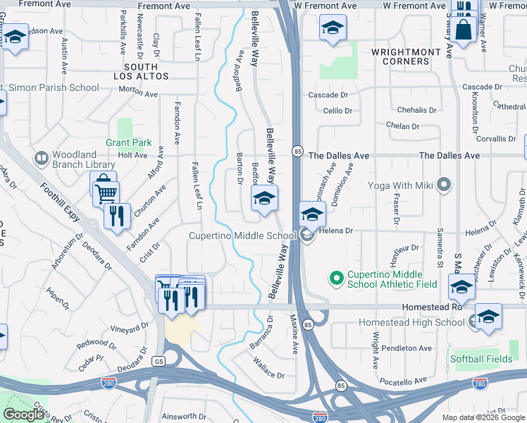 map of restaurants, bars, coffee shops, grocery stores, and more near 1561 Bedford Avenue in Sunnyvale