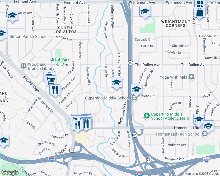 map of restaurants, bars, coffee shops, grocery stores, and more near 1561 Bedford Avenue in Sunnyvale