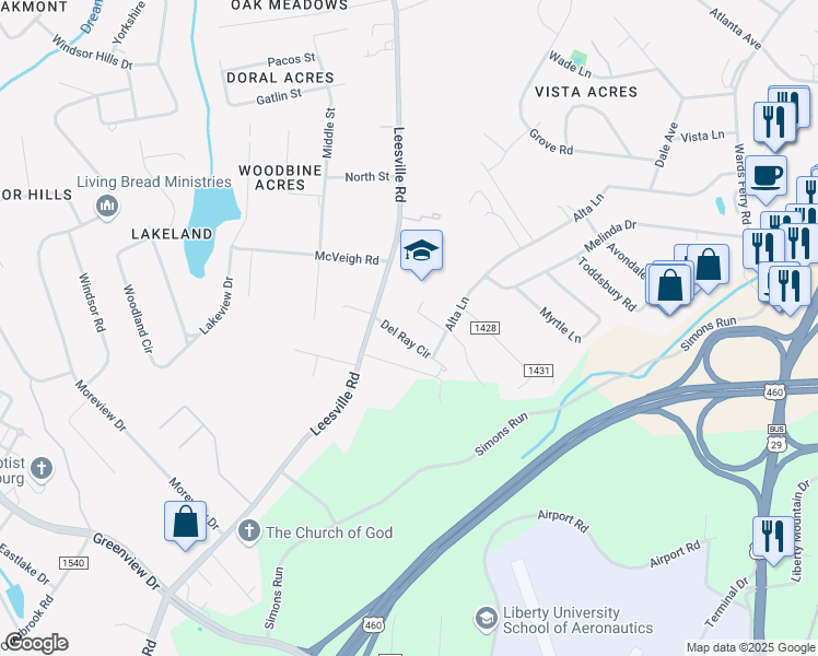 map of restaurants, bars, coffee shops, grocery stores, and more near 305 Del Ray Circle in Lynchburg