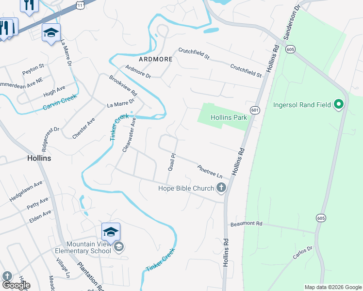 map of restaurants, bars, coffee shops, grocery stores, and more near 6616-6632 Meadewood Drive in Hollins