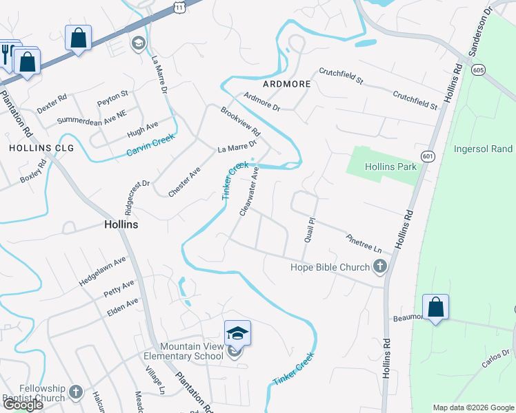 map of restaurants, bars, coffee shops, grocery stores, and more near 801-829 Clearwater Ave NE in Hollins
