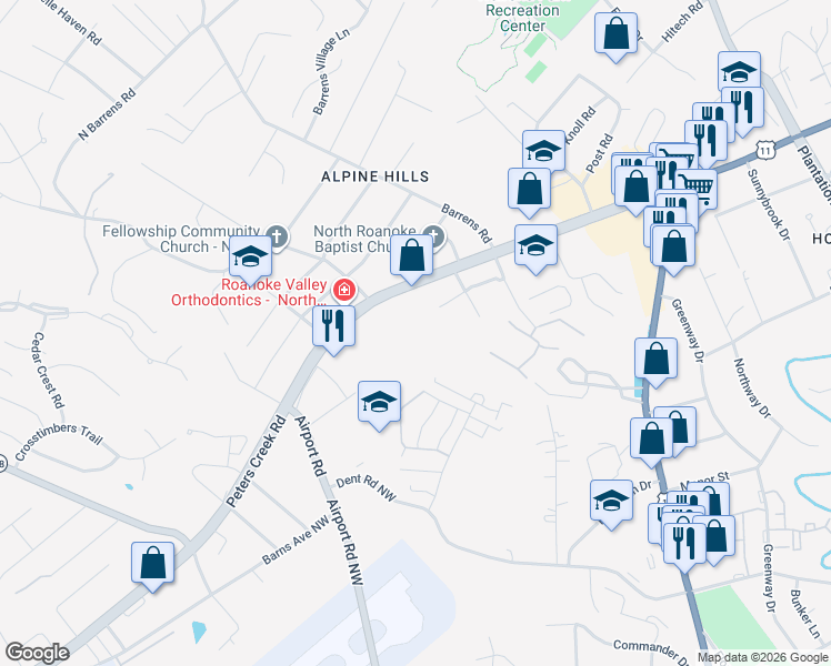 map of restaurants, bars, coffee shops, grocery stores, and more near 6305 Peters Creek Road Northwest in Roanoke