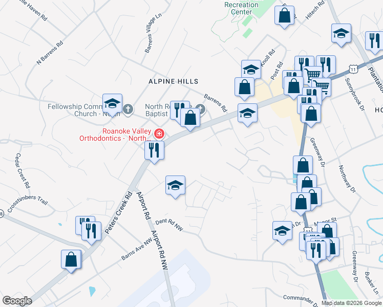 map of restaurants, bars, coffee shops, grocery stores, and more near 6305 Peters Creek Road Northwest in Roanoke