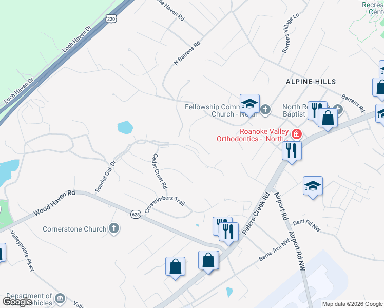 map of restaurants, bars, coffee shops, grocery stores, and more near 7251 Scarlet Oak Drive in Hollins