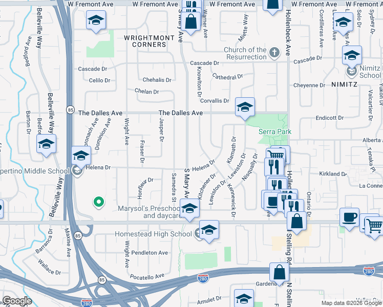 map of restaurants, bars, coffee shops, grocery stores, and more near 1574 South Mary Avenue in Sunnyvale