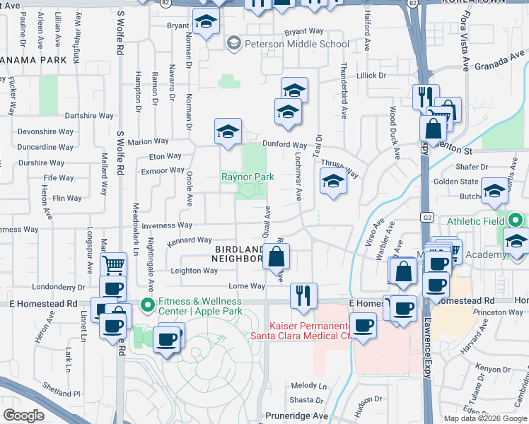 map of restaurants, bars, coffee shops, grocery stores, and more near 1045 Gloucester Court in Sunnyvale
