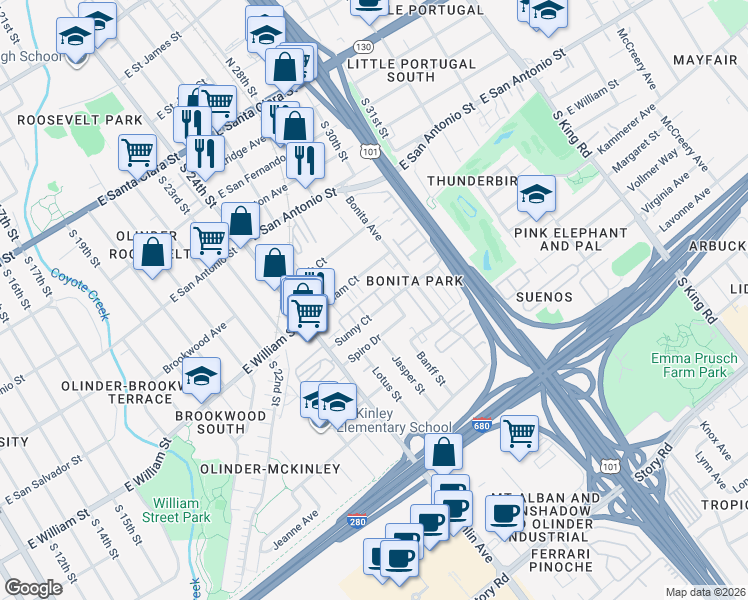 map of restaurants, bars, coffee shops, grocery stores, and more near 1254 East William Court in San Jose