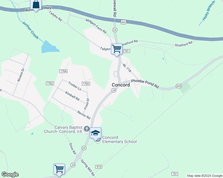 map of restaurants, bars, coffee shops, grocery stores, and more near 9784 Village Highway in Concord