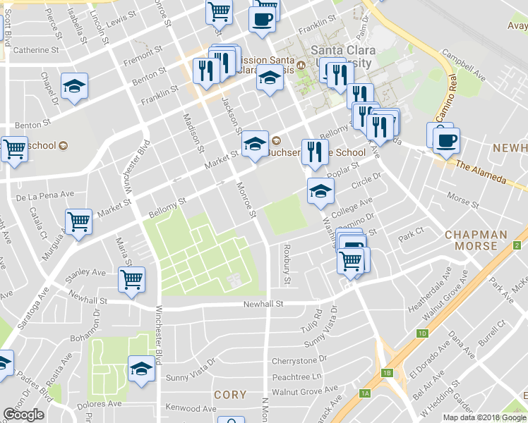 map of restaurants, bars, coffee shops, grocery stores, and more near 293 Monroe Street in Santa Clara