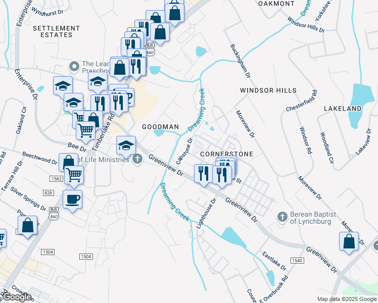 map of restaurants, bars, coffee shops, grocery stores, and more near 200 Capstone Drive in Lynchburg