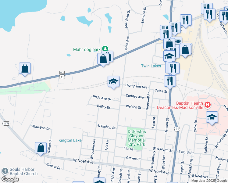 map of restaurants, bars, coffee shops, grocery stores, and more near 861 Pride Avenue in Madisonville