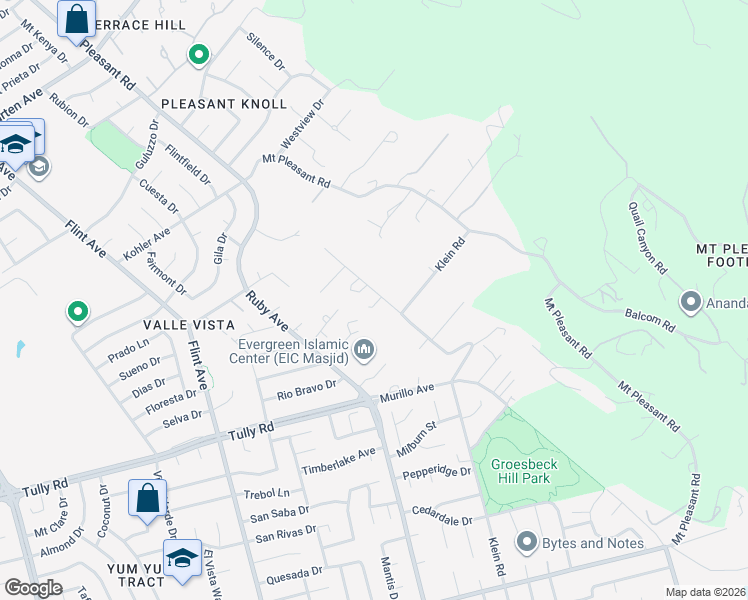 map of restaurants, bars, coffee shops, grocery stores, and more near 2383 Pleasant Acres Drive in San Jose