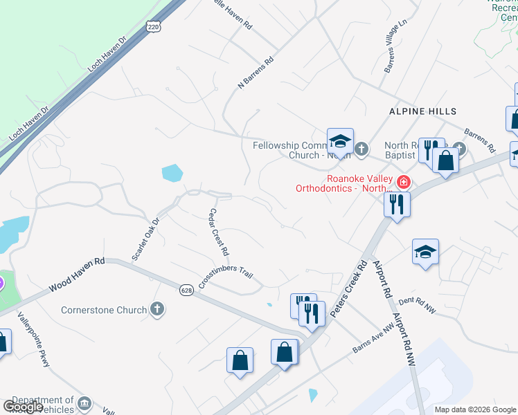 map of restaurants, bars, coffee shops, grocery stores, and more near 7251 Scarlet Oak Drive in Hollins
