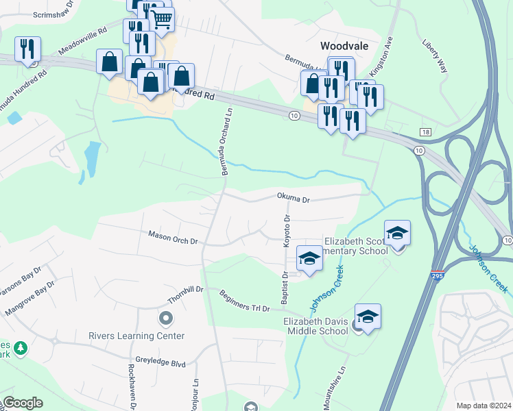map of restaurants, bars, coffee shops, grocery stores, and more near 601 Okuma Drive in Chester