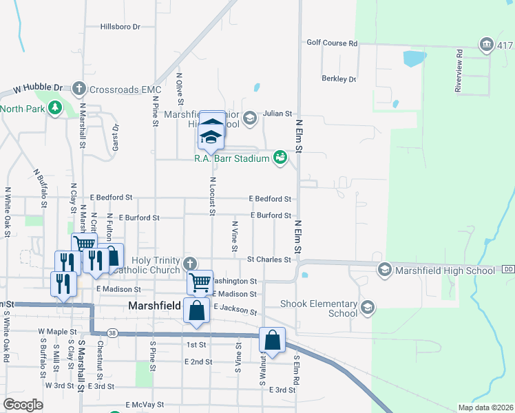 map of restaurants, bars, coffee shops, grocery stores, and more near 720 East Bedford Street in Marshfield