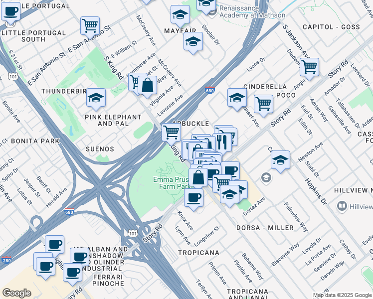 map of restaurants, bars, coffee shops, grocery stores, and more near 939 Tennyson Lane in San Jose