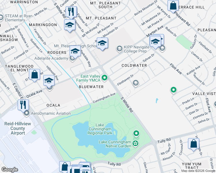 map of restaurants, bars, coffee shops, grocery stores, and more near 2009 South White Road in San Jose