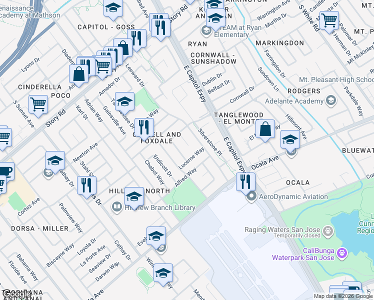 map of restaurants, bars, coffee shops, grocery stores, and more near 1529 Foxdale Court in San Jose
