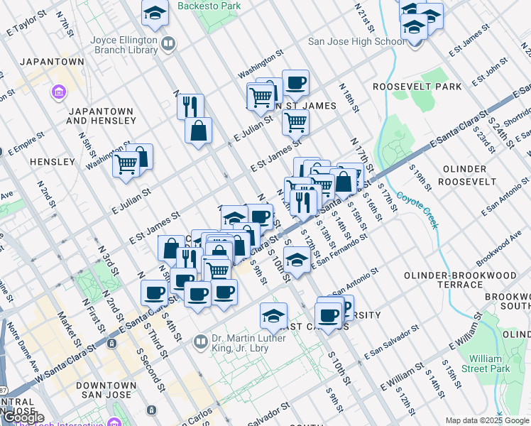 map of restaurants, bars, coffee shops, grocery stores, and more near 95 North 11th Street in San Jose