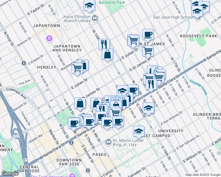 map of restaurants, bars, coffee shops, grocery stores, and more near 161 North 9th Street in San Jose