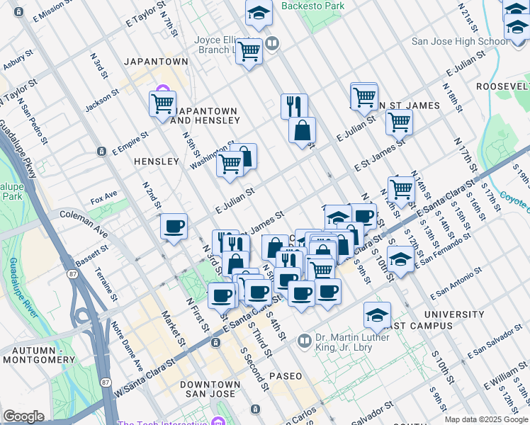 map of restaurants, bars, coffee shops, grocery stores, and more near 229 North 7th Street in San Jose