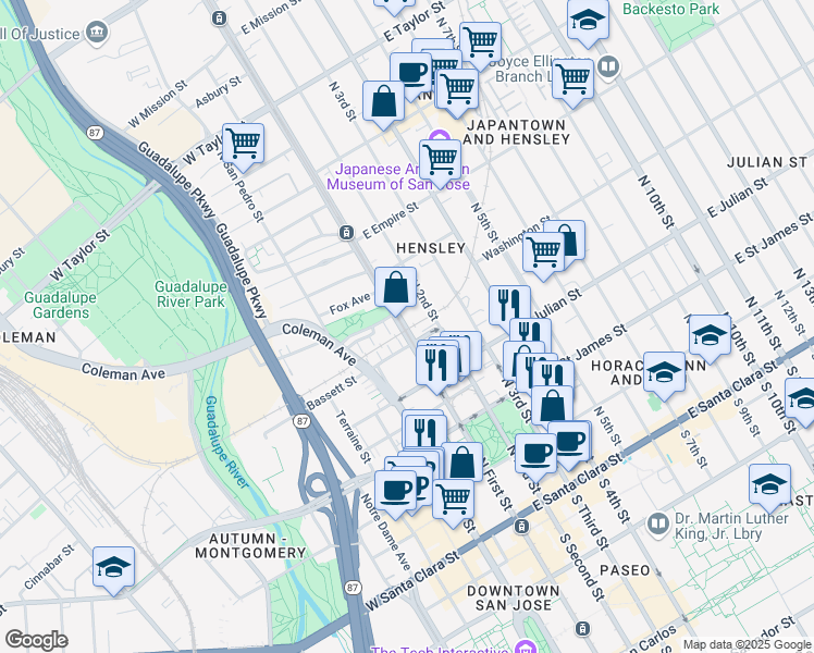 map of restaurants, bars, coffee shops, grocery stores, and more near 415 North 2nd Street in San Jose
