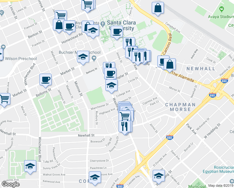 map of restaurants, bars, coffee shops, grocery stores, and more near 935 Circle Drive in Santa Clara