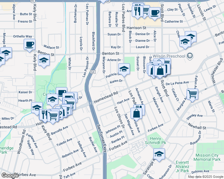 map of restaurants, bars, coffee shops, grocery stores, and more near 2361 De Varona Place in Santa Clara