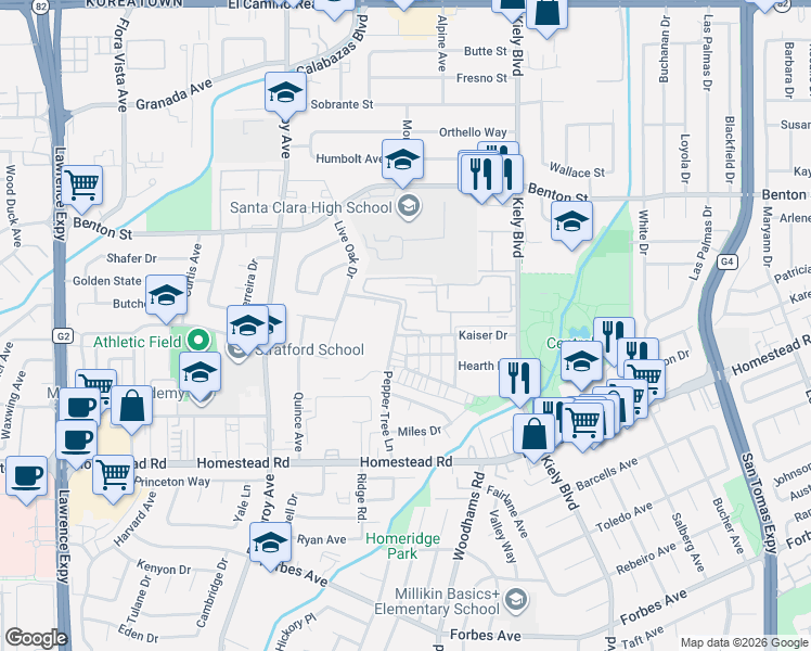 map of restaurants, bars, coffee shops, grocery stores, and more near 3011 Kaiser Drive in Santa Clara