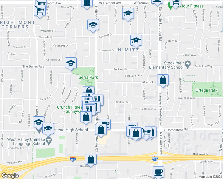 map of restaurants, bars, coffee shops, grocery stores, and more near 1565 Oak Point Terrace in Sunnyvale