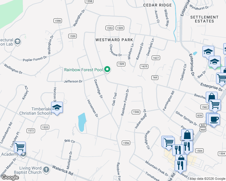map of restaurants, bars, coffee shops, grocery stores, and more near 984 Rainbow Forest Dr in Lynchburg