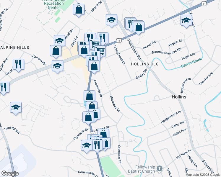 map of restaurants, bars, coffee shops, grocery stores, and more near 7007 Northway Drive in Hollins