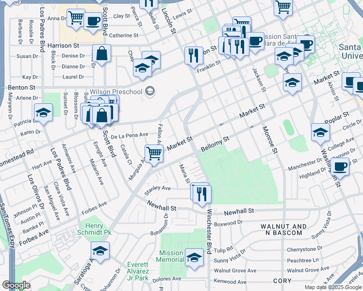 map of restaurants, bars, coffee shops, grocery stores, and more near 1832 Market Street in Santa Clara