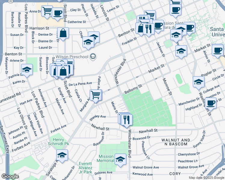 map of restaurants, bars, coffee shops, grocery stores, and more near 1832 Market Street in Santa Clara