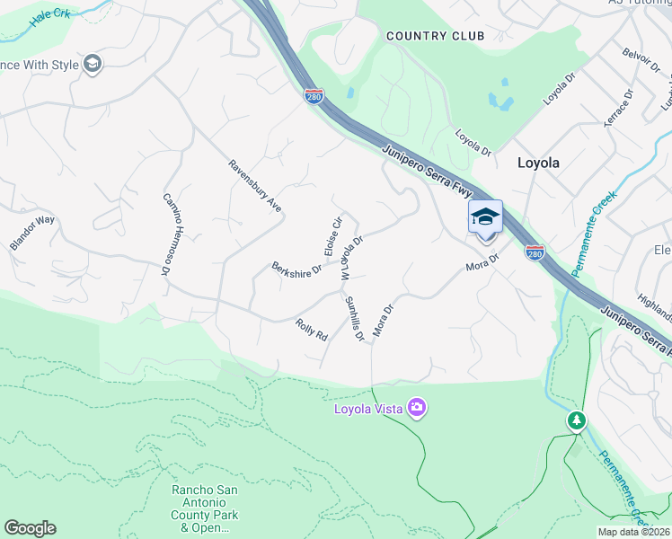 map of restaurants, bars, coffee shops, grocery stores, and more near 10605 Berkshire Drive in Los Altos Hills
