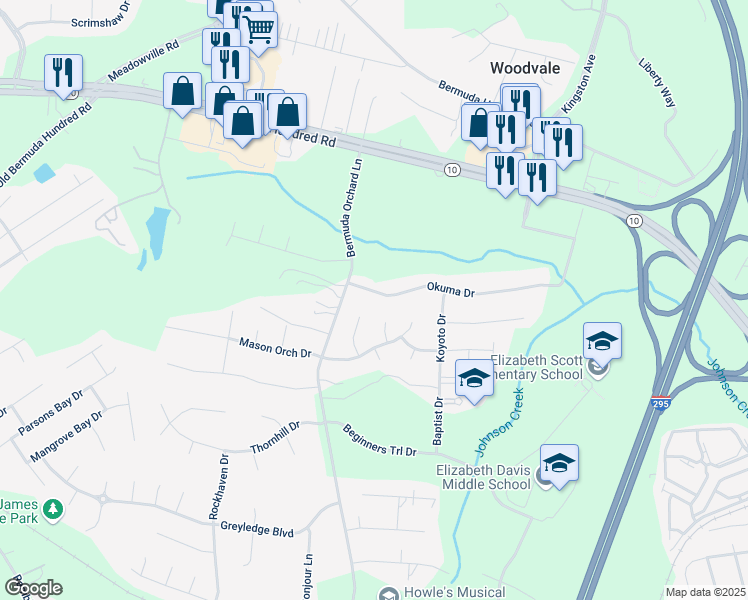 map of restaurants, bars, coffee shops, grocery stores, and more near 519 Okuma Drive in Chester
