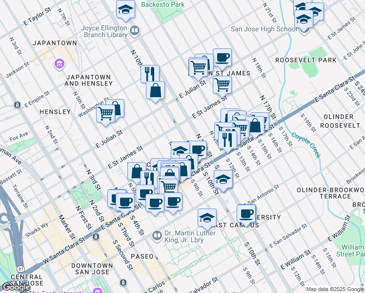 map of restaurants, bars, coffee shops, grocery stores, and more near 431 East Saint John Street in San Jose