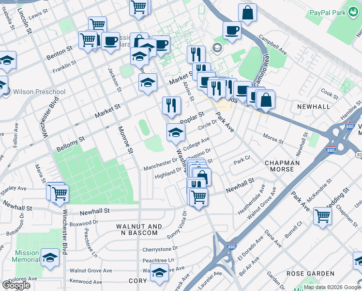 map of restaurants, bars, coffee shops, grocery stores, and more near 935 Circle Drive in Santa Clara