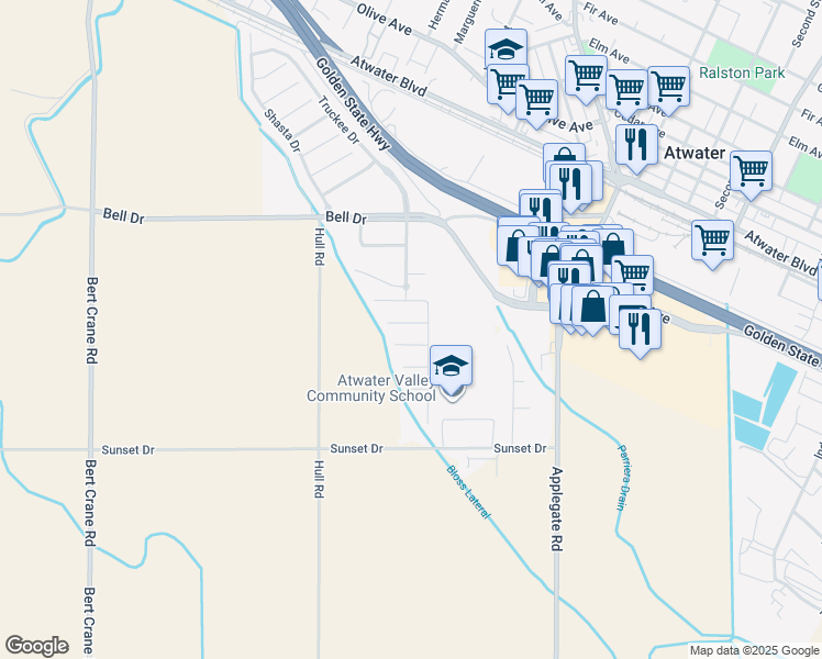 map of restaurants, bars, coffee shops, grocery stores, and more near 2092 Betsy Ross Court in Atwater