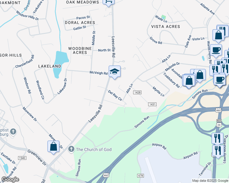 map of restaurants, bars, coffee shops, grocery stores, and more near 305 Del Ray Circle in Lynchburg
