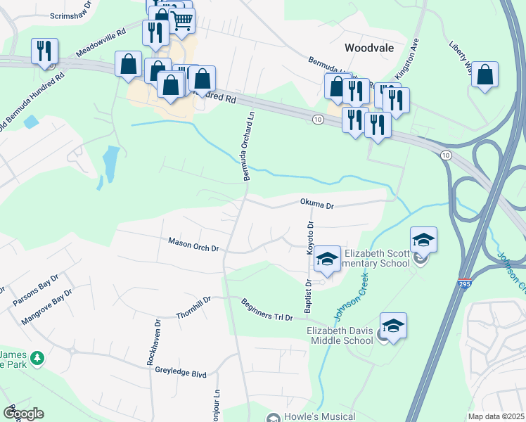 map of restaurants, bars, coffee shops, grocery stores, and more near 519 Okuma Drive in Chester