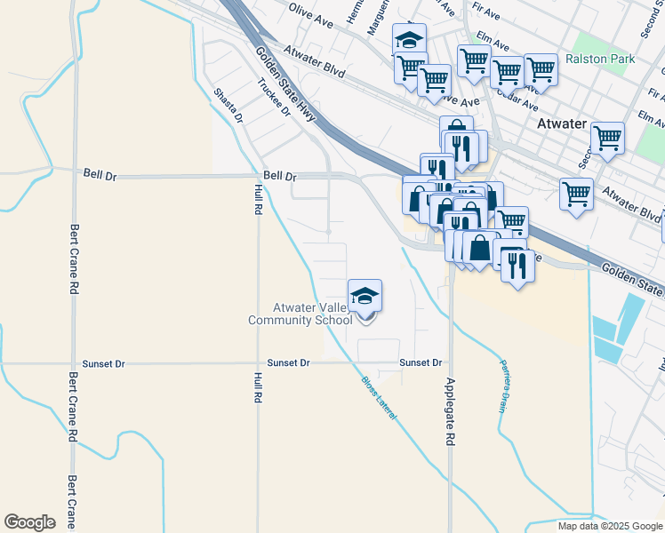 map of restaurants, bars, coffee shops, grocery stores, and more near 2092 Betsy Ross Court in Atwater